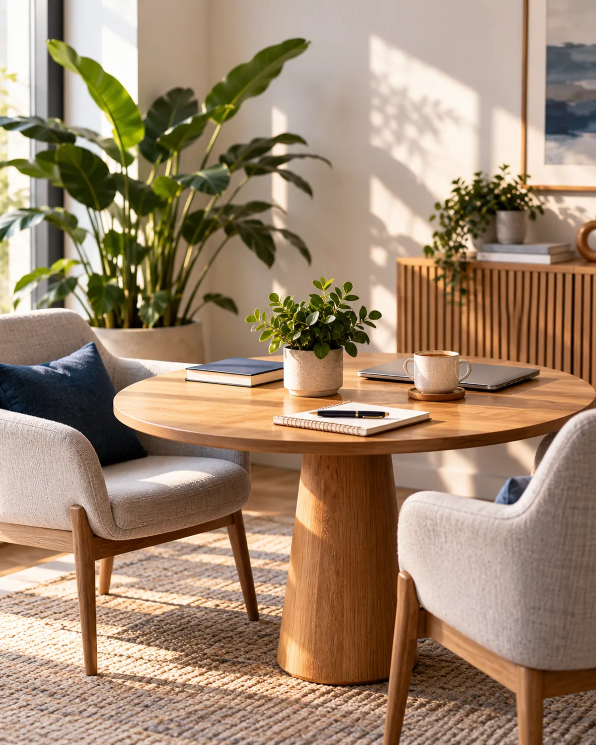 A bright consulting room with a wooden table, notebooks and a window onto city buildings