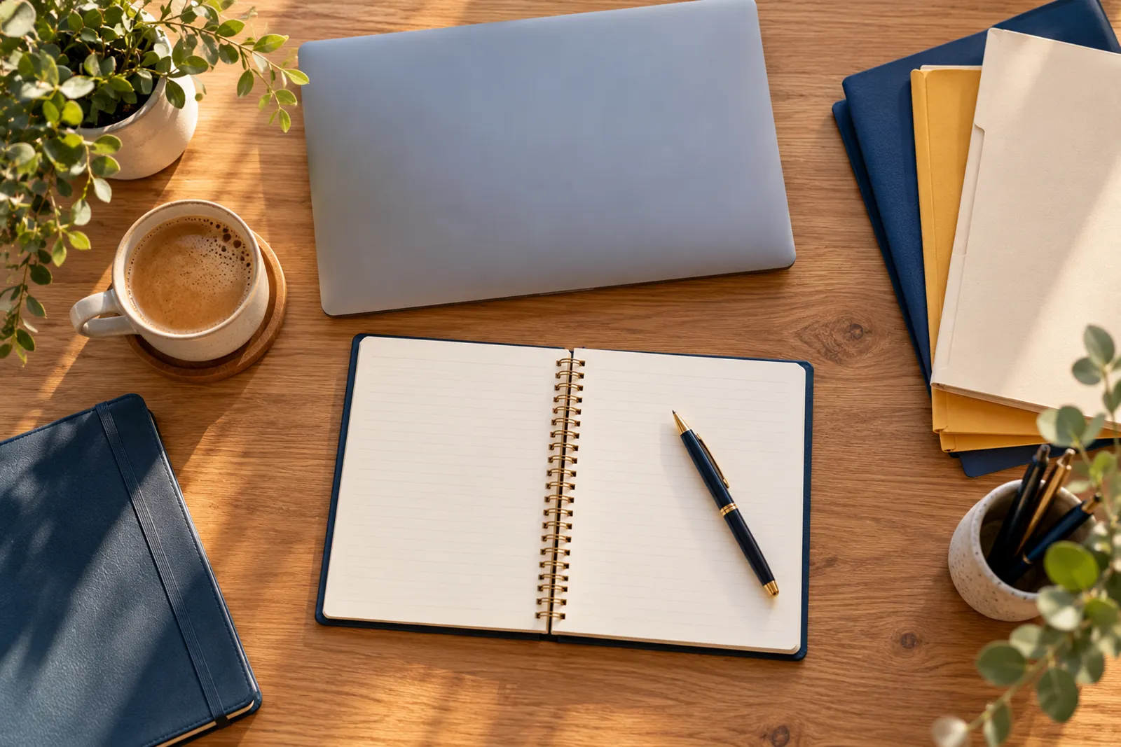 A desk with a laptop, notepad and folders laid out for planning